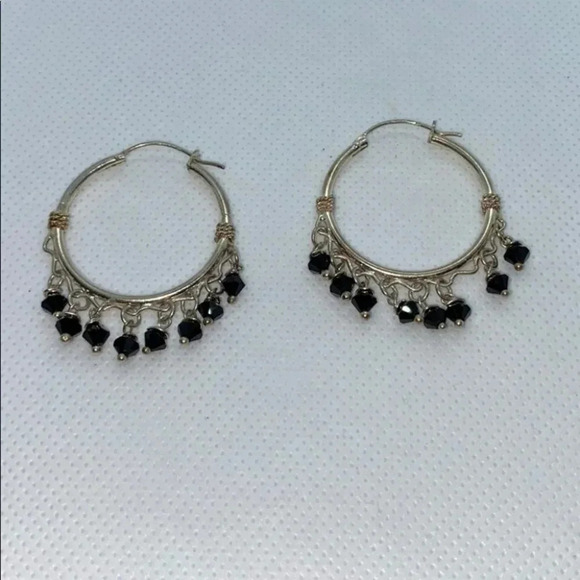 Sterling Silver hoops with‎ black dangle beads - Picture 1 of 5